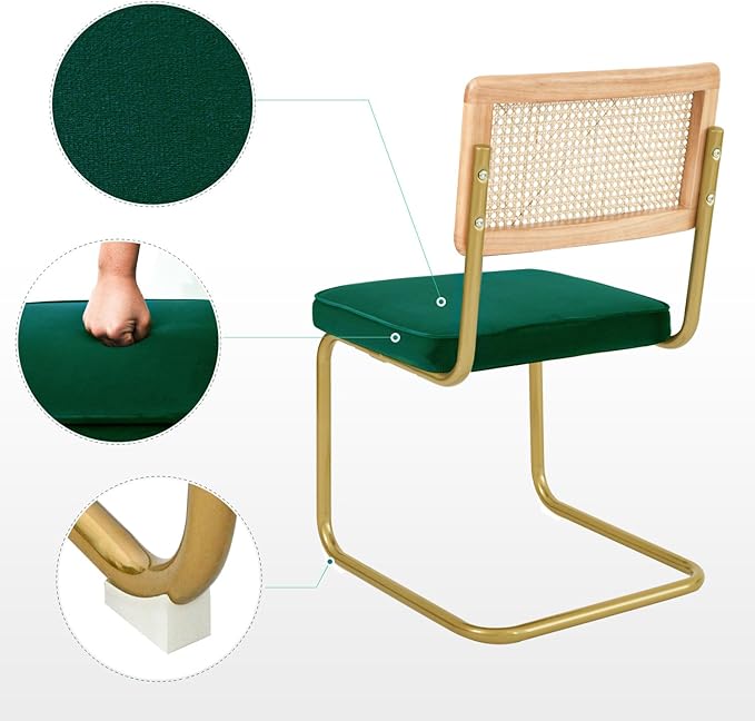 Mid-Century Modern Dining Chairs Set of 2, Velvet Upholstered Seat with Natural Rattan Backrest, Armless Side Chairs with Metal Legs, Ergonomic Design for Home Kitchen Dining Room, Green, CangLong