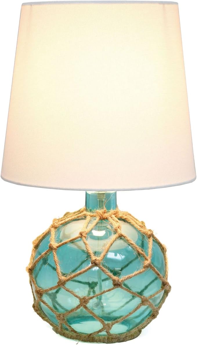 Elegant Designs LT1050-AQU Buoy Rope Nautical Netted Coastal Ocean Sea Glass Table Lamp with White Fabric Shade, Aqua