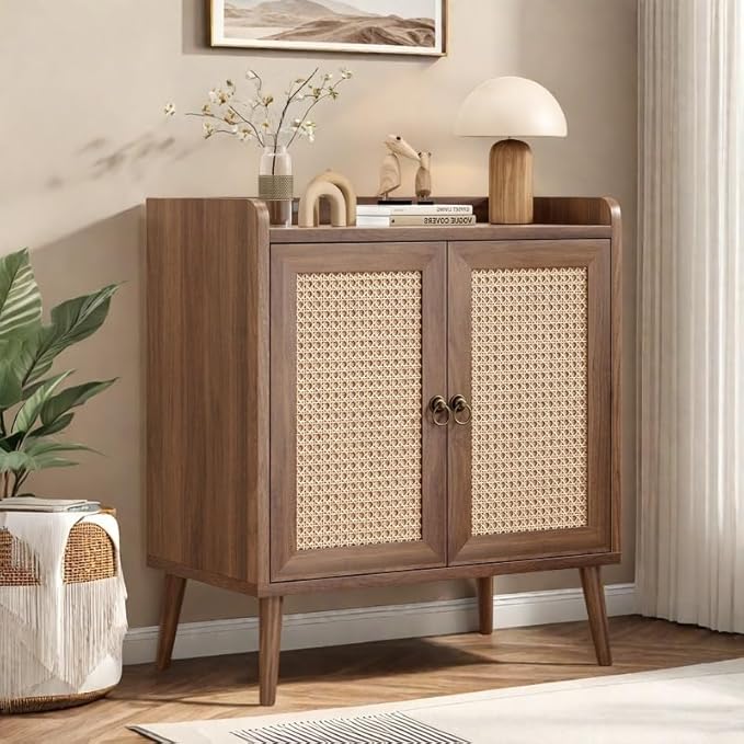 FONTOI Buffet Cabinet, Rattan Storage Cabinet with Round Pull Rings, Sideboard with Ample Storage, Bar Liquor Shelf with 2 Doors for Living Room, Hallway, Light Brown