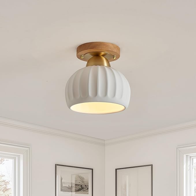 Ceramic Wood Brass Semi Flush Mount Ceiling Light Vintage Hallway Light Fixtures, Modern Small Ceiling Mount Light Lamp for Hall Kitchen Entryway Passway Porch Foyer