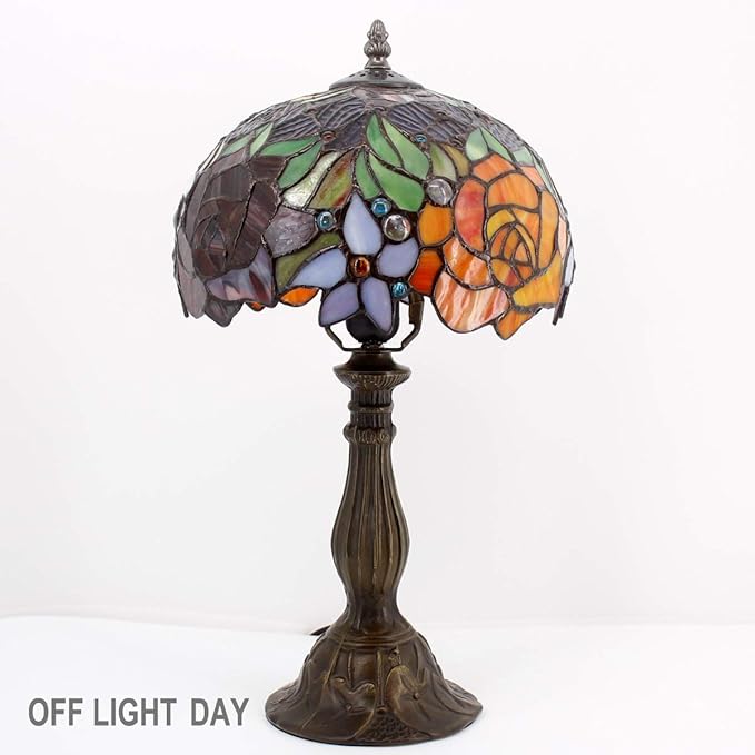 WERFACTORY Tiffany Style Table Lamp Stained Glass Bedside Lamp Red Rose Desk Reading Light 10X10X18 Inches Decor Bedroom Living Room Home Office S001 Series