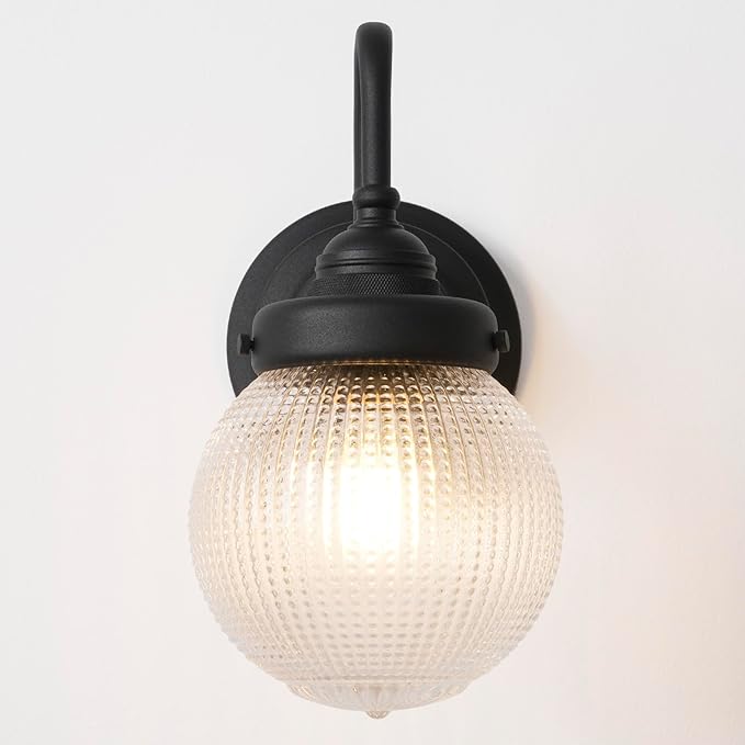 Curved Arm Wall Sconce Lighting with Clear Ribbed Glass Globe Shade, Vintage Brass Bathroom Wall Light Fixtures for Kitchen Living Room Bedroom Farmhouse