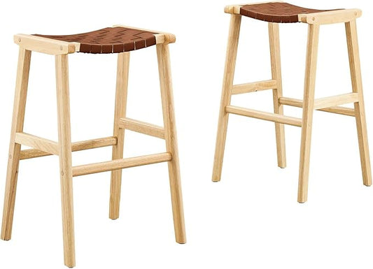 Modway Saoirse Faux Leather Wood Bar Stool - Set of 2 in Natural Brown