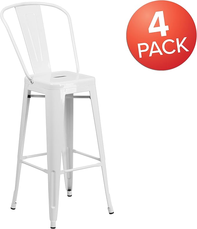 Flash Furniture Lily Commercial Grade 4 Pack 30" High White Metal Indoor-Outdoor Barstool with Removable Back