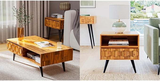 Bme Georgina Solid Wood Coffee Tables & Nightstands with Geometric Details, 2 Drawers