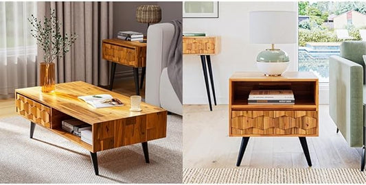 Bme Georgina Solid Wood Coffee Tables & Nightstands with Geometric Details, 2 Drawers