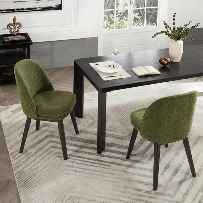 Wooden Dining Chairs Set of 2, Fabric Upholstered Modern Dining Room Chairs with Double-Layer Thick Seat Cushion & Ergonomic Backrest for Restaurant, Kitchen and Café, Green