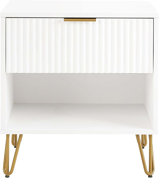 Manhattan Comfort Dumbo Fluted Nightstand with Drawer and Open Shelf, Gold Hairpin Legs and Metal Handle, Snap Tool-Free Assembly, Modern Bedside Accent Table for Bedroom, Office, Living Room in White
