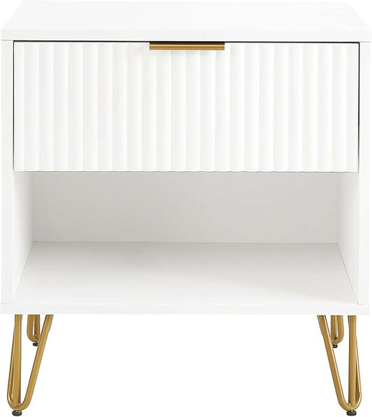 Manhattan Comfort Dumbo Fluted Nightstand with Drawer and Open Shelf, Gold Hairpin Legs and Metal Handle, Snap Tool-Free Assembly, Modern Bedside Accent Table for Bedroom, Office, Living Room in White