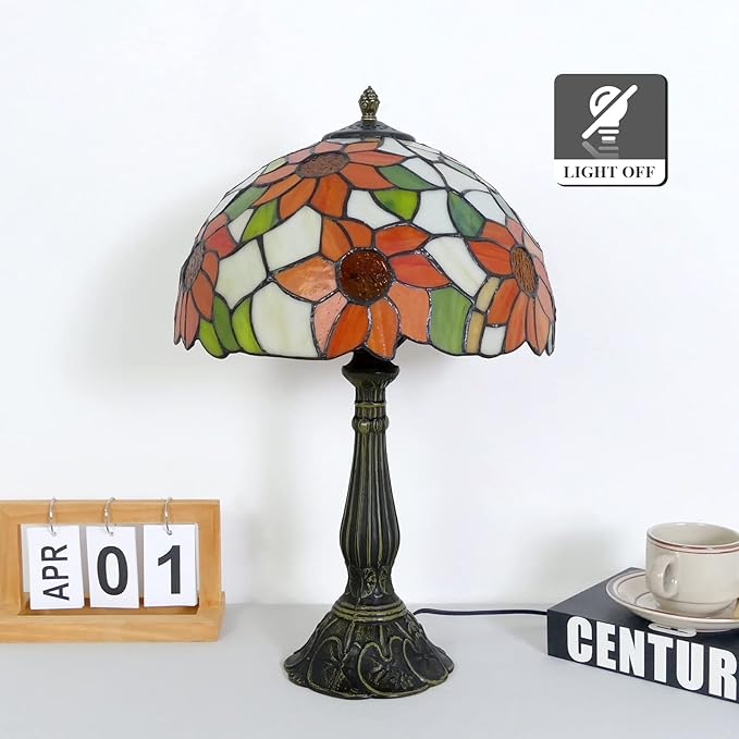 Tiffany Style Table Lamp Sunflower Vintage Table Lamp Stained Glass Lamp Durable Bronze Alloy Base Tiffany Lamps for Bedroom 12" Wide 19" Tall for Living Room Home Office