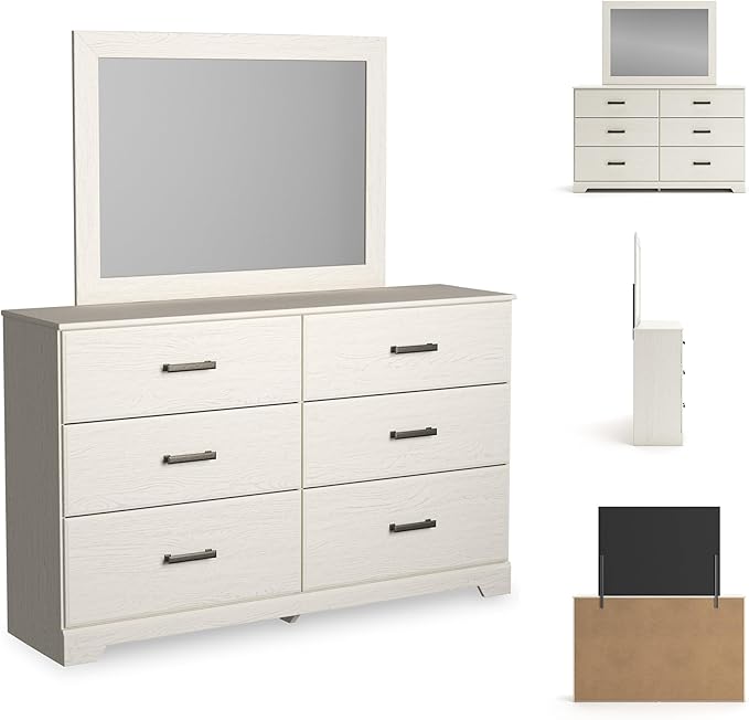 Signature Design by Ashley Stelsie Vintage Smooth-Gliding 6-Drawer Dresser and Mirror with Safety Stop, White