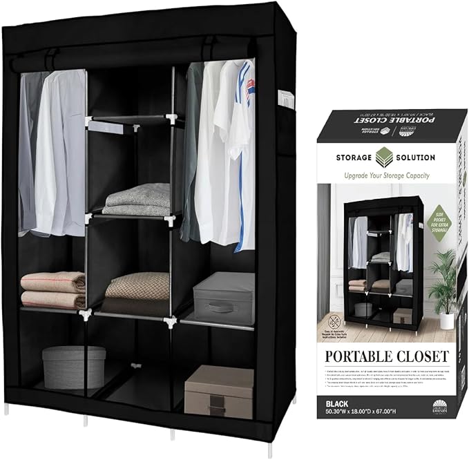 J&V TEXTILES Portable Closet Wardrobe Closet for Hanging Clothes with 8 Storage Shelves, 2 Hanging Rod and 4 Pockets, Free Standing Closet Clothes Organizer for Bedroom (Black)