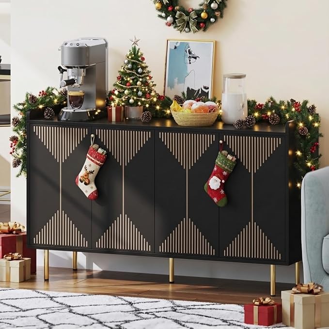 DWVO Modern Kitchen Storage Cabinet with Adjustable Shelves, 55" Sideboard Buffet Cabinet with Storage for Hallway, Kitchen or Living Room, Black