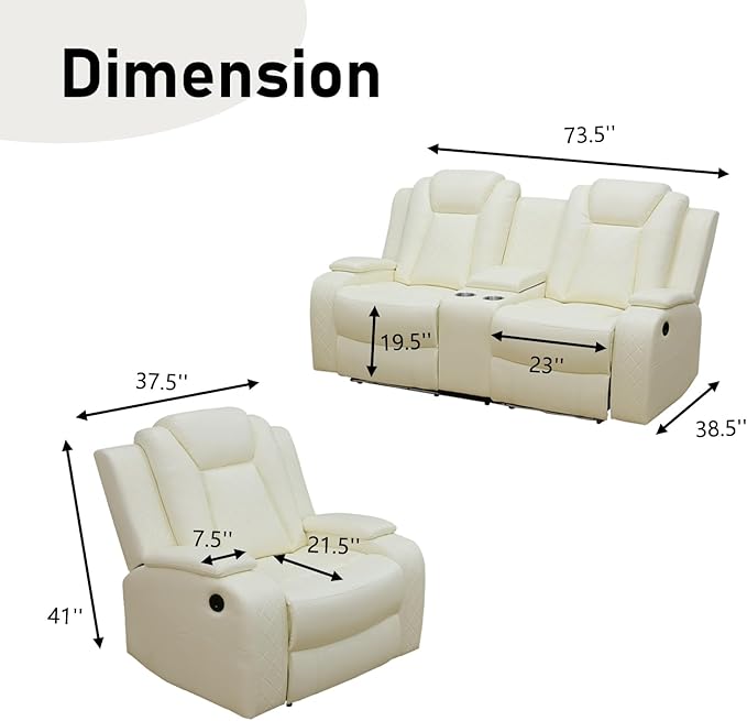 Power Recliner Sofa Set, Air Leather Reclining Couch with LED, Reclining Living Room Sofa and Loveseat Chair for House/Apartment/Office (Creamy White, LOVESEAT+Chair)