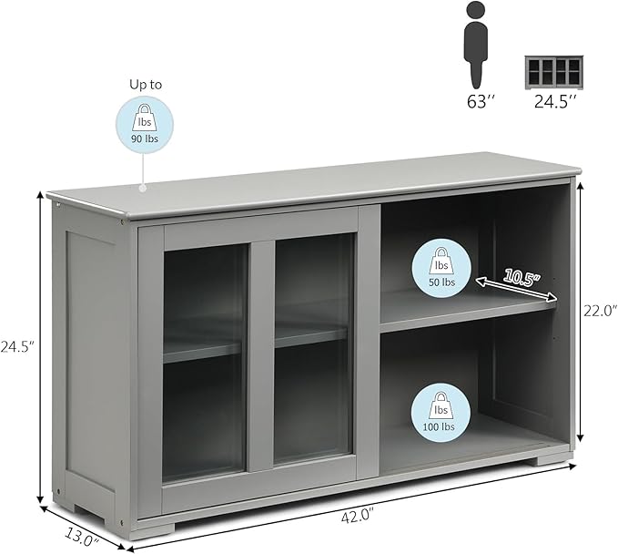 Byroce Sideboard Buffet Cabinet, Stackable Storage Coffee Bar Cabinet with Adjustable Shelf & Glass Sliding Doors, Wood Cupboard Credenza Console Table for Kitchen Dining Living Room (1, Grey)
