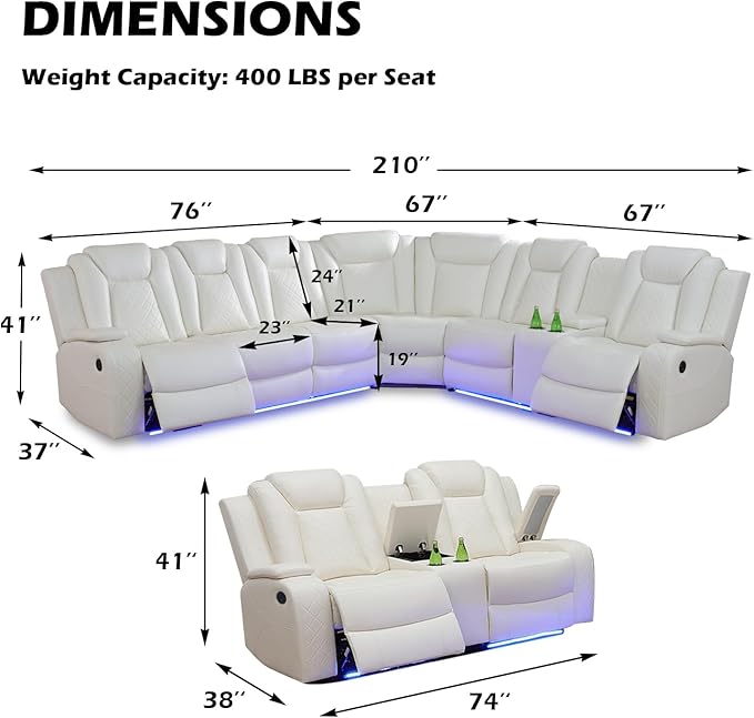 Leather Power Recliner Sectional Sofa Set with LED Light,L Shape Leather Couch Set with Recline Loveseat,Modular Corner Sofa with USB Port for Living Room Furniture(White, Sectional+Loveseat)