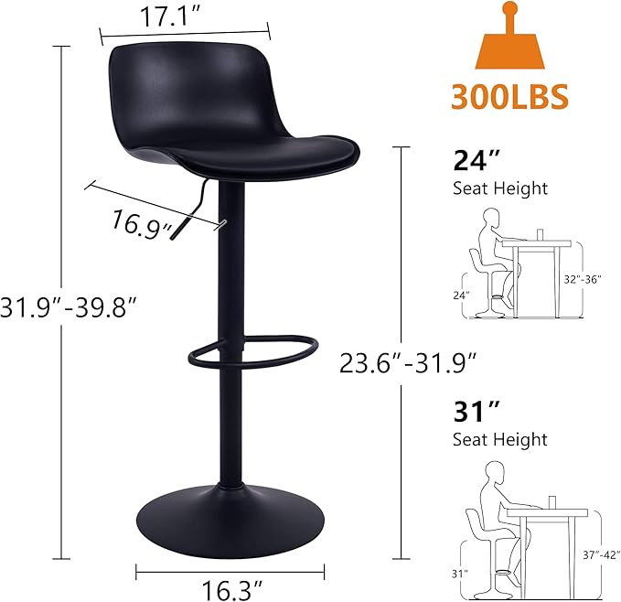 YOUTASTE All Black Bar Stools Set of 2, Adjustable Swivel Counter Height Barstools with Back, Plastic&PU Leather Cushioned Bar Chair Seats, Metal Footrest, Black Round Base for Kitchen Island