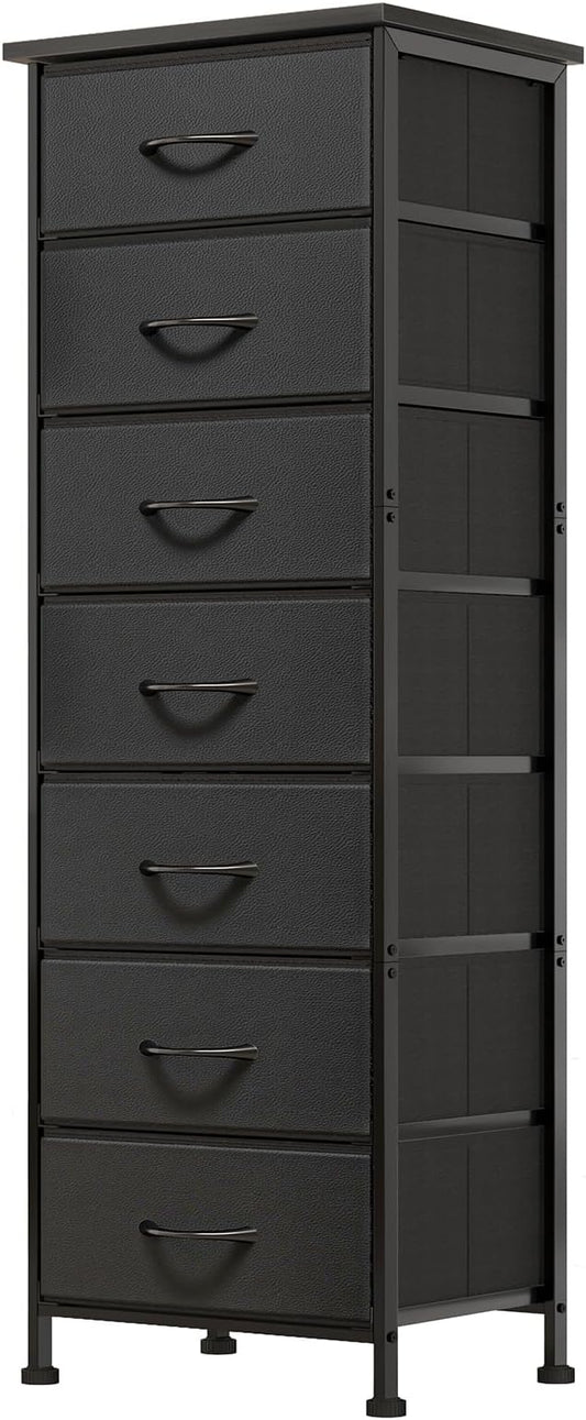 Fixwal Black Tall Skinny Dresser for Bedroom, Narrow Storage Dresser Organizer with 7 Fabric Drawers, Nightstand Furniture in Closet, Entryway, Hallway