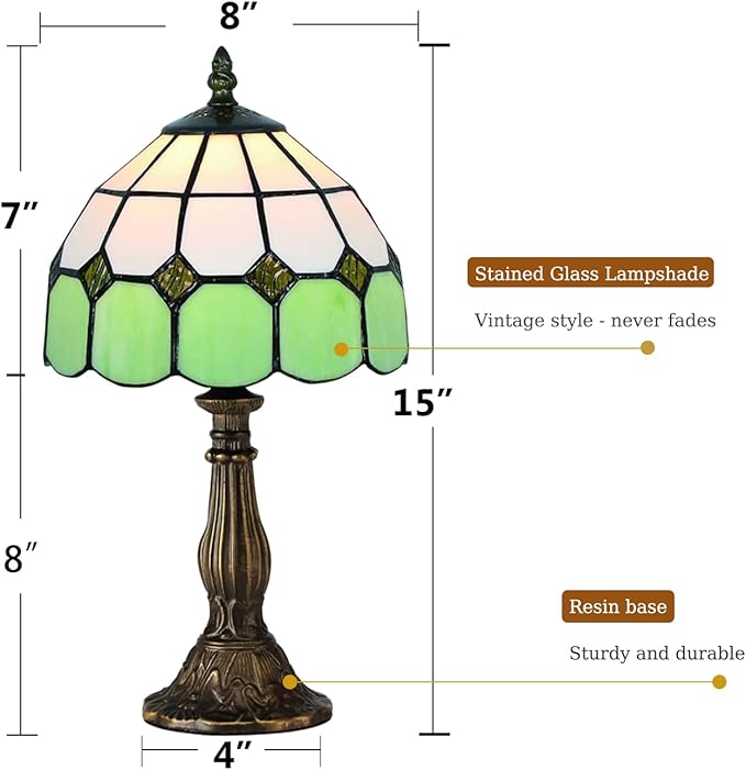 Table Lamp Tiffany-Style 8 Inch Mediterranean Series Stained Glass Lampshades Small Bedside Lamp Reading Antique Desk Light Livingroom Bedroom Office Vintage Art De(Color:Green)