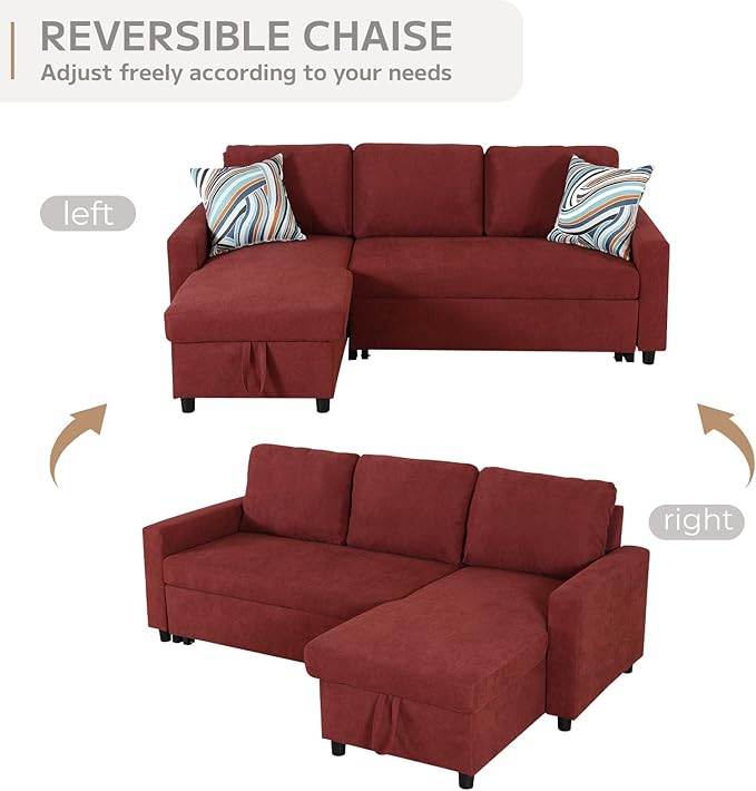 Yafylly L-Shaped Sleeper Sofa with Chaise Lounge & Storage, Pull-Out Couch Bed with Recliner, Full Size Futon for Living Room, Office, Apartment Red