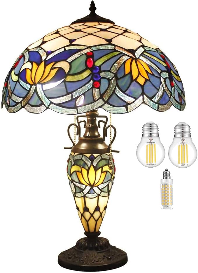 WERFACTORY Tiffany Lamp Blue Stained Glass Lotus Mather-Daughter Vase Table Lamp 16X16X24 Inches Antique Desk Reading Light Decor Bedroom Living Room Home Office S220 Series
