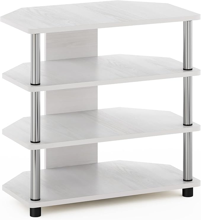 Furinno Econ Easy Assembly 4-Tier Petite Entertainment Center TV Stand for TV up to 25 Inch with Stainless Steel Tubes, White Oak/Chrome