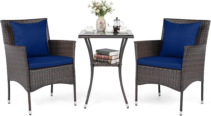 Tangkula 3 Pieces Patio Wicker Bistro Set, 2 Rattan Chairs w/ 2-Tier Tempered Glass Table, Outdoor Conversation Furniture Set with Cushions for Backyard, Porch, Poolside (Mix Brown+Navy)