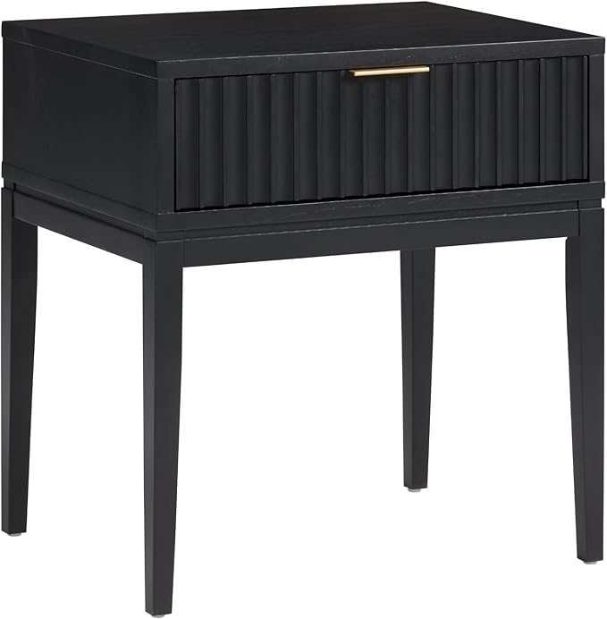 Nathan James Jasper Boho Side Table, Solid Wood Bedroom Nightstand or Bedside Table with Drawer with Fluted Doors and Brass Handles, Black