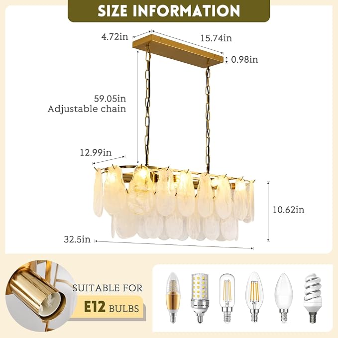 Gold Rectangle Chandeliers for Dining Room Modern Island Light Crystal Cloud Glass 8-Light Chandelier 2 Tier Rectangular Linear Pendant Hanging Ceiling Light Fixture for Kitchen L31.5” (E12)