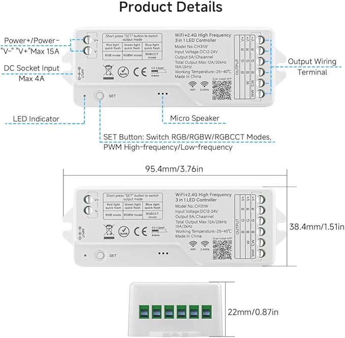 BTF-LIGHTING CH31W WiFi Bluetooth Smart RGB Controller 20kHz High Frequency PWM Dimmer for No Flicker No Buzzing RGB RGBW RGBCCT LED Strips Works with Alexa Google Home Smart Life App (No Remote)
