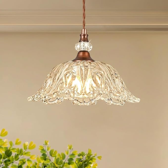 1 Piece Vintage Chandelier Light Fixtures with Crystal Glass Shade, Antique Red Bronze Finish Pendant Light for Kitchen Island, Hanging Light Fixture for Dining Room, Hallway, Living Room, Bedroom