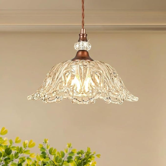 1 Piece Vintage Chandelier Light Fixtures with Crystal Glass Shade, Antique Red Bronze Finish Pendant Light for Kitchen Island, Hanging Light Fixture for Dining Room, Hallway, Living Room, Bedroom