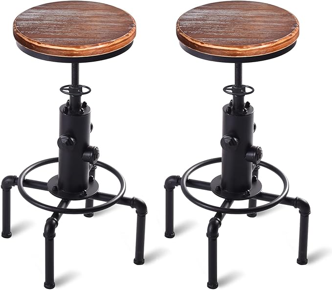Vintage Industrial Bar Stools,Kitchen Counter Bar Stool Height Adjustable 23.6"-29.5" Swivel Bar Stool, Solid Wood Water Pipe Fire Cafe Pub Bar Stool,Set of 2, Black