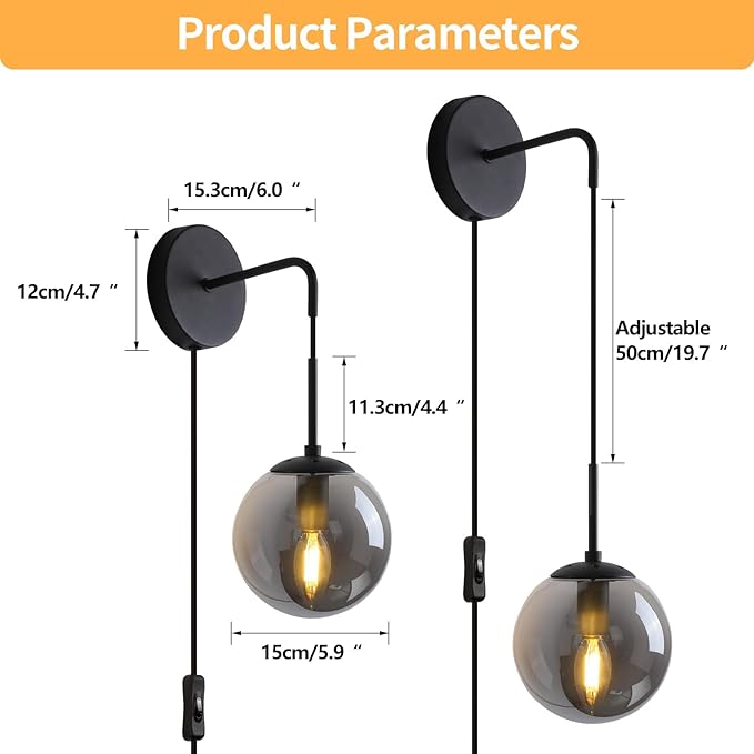 Wall Sconces Set of Two Matte Black Wall Lights for Bedroom Plug in Wall Sconces Set of 2 with Globe Smoke Grey Glass Shade Wall Lamp with Plug in Cord Sconces Wall Decor Set of 2 with Switch