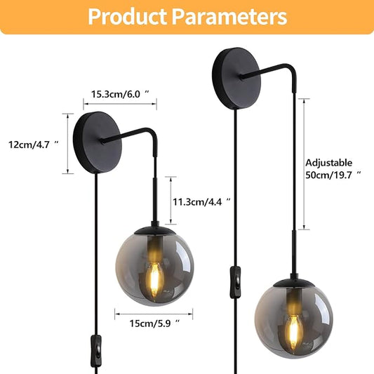 Wall Sconces Set of Two Matte Black Wall Lights for Bedroom Plug in Wall Sconces Set of 2 with Globe Smoke Grey Glass Shade Wall Lamp with Plug in Cord Sconces Wall Decor Set of 2 with Switch