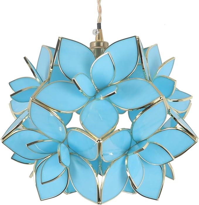 Bieye L11027 Petals Tiffany Style Stained Glass Ceiling Pendant Light for Home Decoration (Sky Blue, 12" Rose Lily)