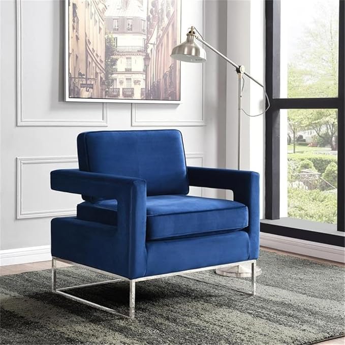 Meridian Furniture Noah Collection Modern | Contemporary Velvet Upholstered Accent Chair with Durable Stainless Steel Base, Navy, Chrome Base