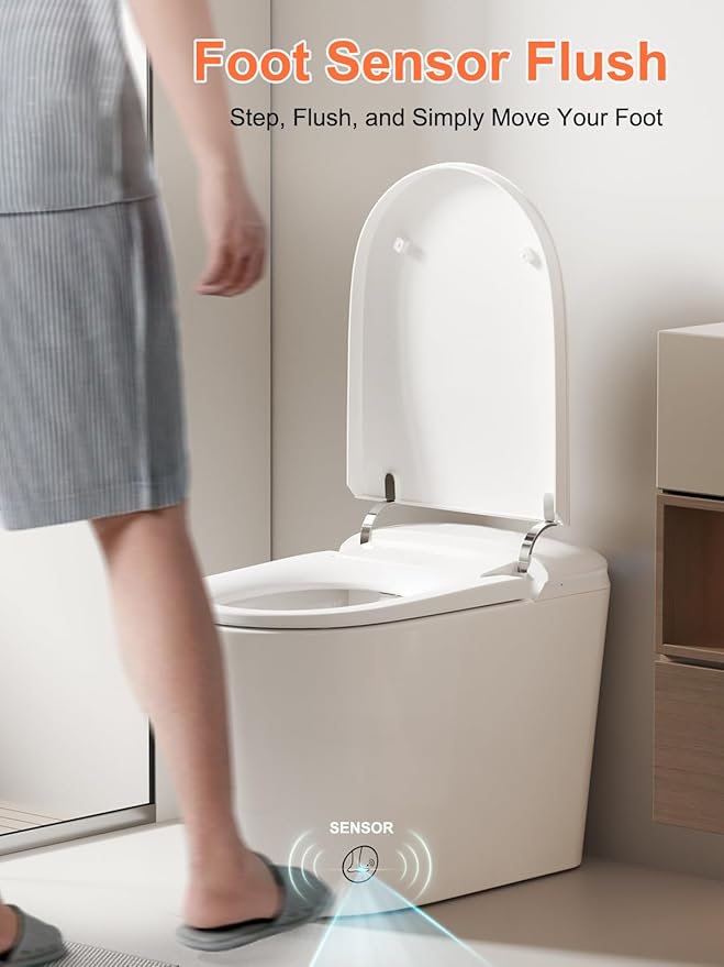 Smart Toilet with ADA Comfort Height Heated Seat, Night Light, Tankless Auto Toilet Flushing, Foot Sensor Operation, Modern Elongated One-Piece Toilet for Bathrooms