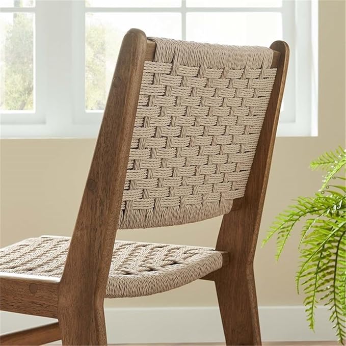 Modway Saoirse Woven Rope Wood Dining Side Chair in Walnut Natural