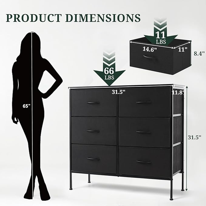 6-Drawer Dresser for Bedroom, Anti-Tip Wide Storage Organizer Chest of Drawers with Wooden Top and Metal Frame Fabric Bins for Closet, Living Room, Hallway, Entryway, Black