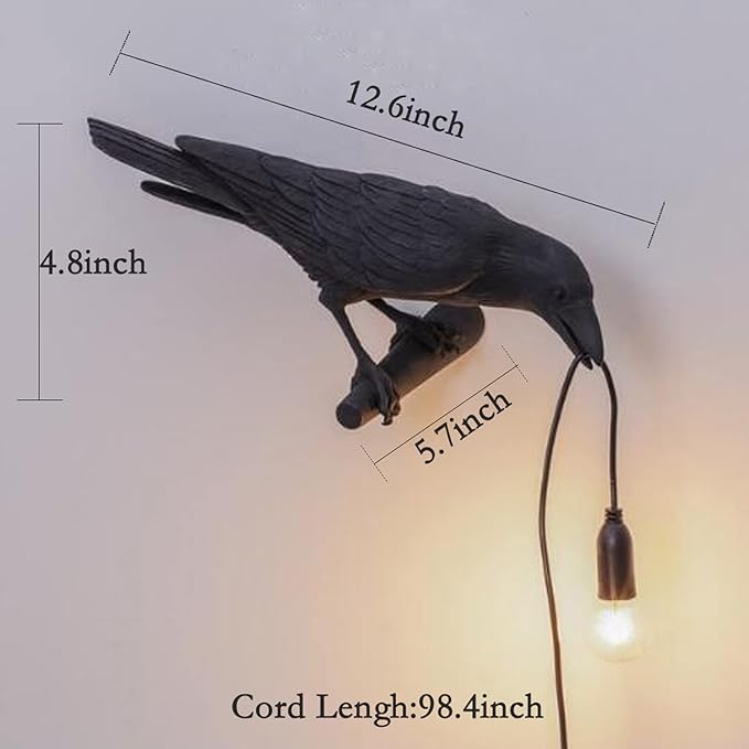 Crow Wall Lamp, Unique Gothic Raven Birds Wall Sconce Light for Bedside Bedroom Living Room Farmhouse Decor (Left Black Wall Lamp)