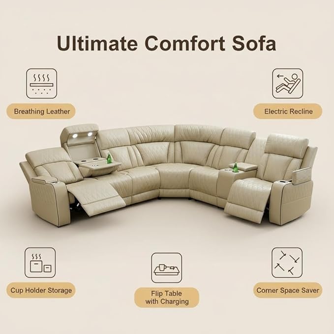 Power Reclining Sofa Set with LED Light, Living Room Furiture Set,Leather Reclining Sectional Couch with USB Port/Cup Holder for Living Room Home Office
