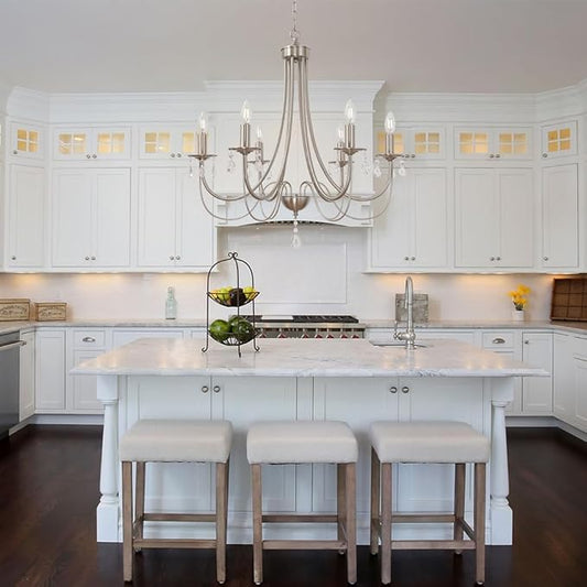 Farmhouse Chandeliers 6 Lights Brushed Nickel Modern Farmhouse Pendant Lighting Crystal Kitchen Ceiling Light Fixtures for Dining Room Living Room