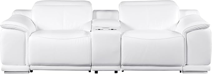 BlackJack Furniture Venice Top Grain Italian Leather Recliner 7 Seater 5 Power Reclining 3 Piece Sofa Set with Adjustable Headrests Modern Seating Sofa, Loveseat and Chair for Living Room , White