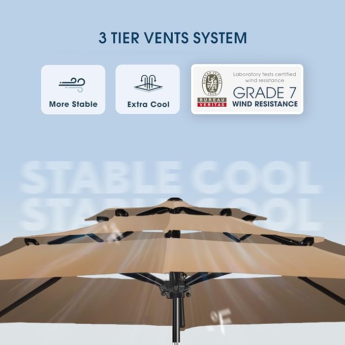 wikiwiki 9ft 3-Tier Patio Umbrella Outdoor Table Market Umbrella for Patio with Push Button Tilt/Crank, Fade Resistant Waterproof POLYESTER Canopy for Garden, Lawn, Deck, Backyard & Pool, Tan