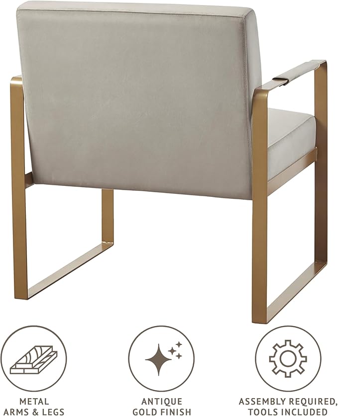 Martha Stewart Upholsterd Accent Chair Living Room Furniture-Modern Design Comfortable Foam Seat Cushion Bedroom Lounge, Sophisticated Finished, Sturdy Frame, 28.5" W x 29" D x 32.5" H, Taupe/Gold