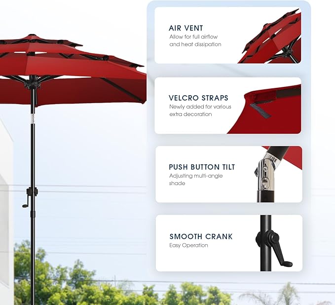 wikiwiki 9ft 3-Tier Patio Umbrella Outdoor Table Market Umbrella for Patio with Push Button Tilt/Crank, Fade Resistant Waterproof POLYESTER Canopy for Garden, Lawn, Deck, Backyard & Pool, Burgundy Red