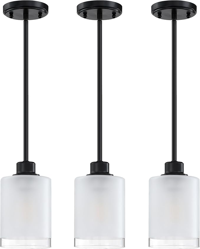 3 Pack 1-Light Industrial Farmhouse Kitchen Island Pendant Ceiling Light Frosted Glass Fixture,Black Finish for Bedroom Hallway Dining Room Entryway Over Sink