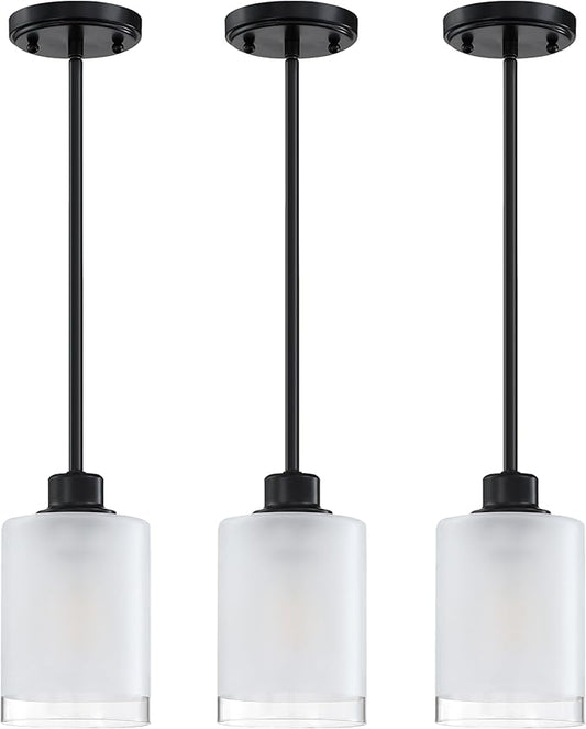 3 Pack 1-Light Industrial Farmhouse Kitchen Island Pendant Ceiling Light Frosted Glass Fixture,Black Finish for Bedroom Hallway Dining Room Entryway Over Sink