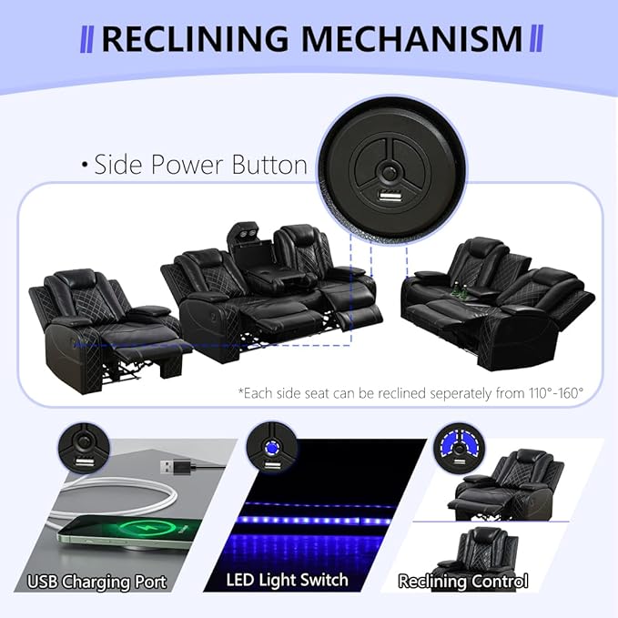 Power Recliner Sofa Set, Breathing Leather Reclining Sofa Set, Recliner Couch Loveseat and Chair with Cup Holders/Charging, 3PCS Living Room Set with Recliners for Home Theater/Office, Black
